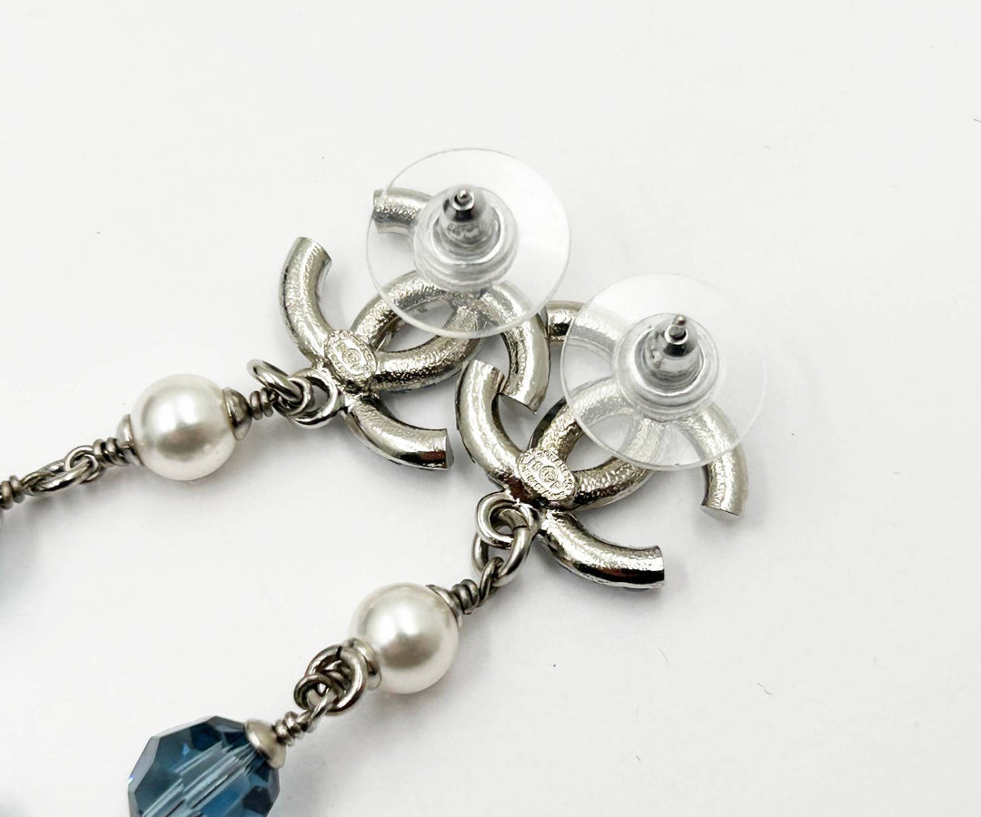 Chanel Brand New Silver CC Blue Princess Crystal Pearl Super Long Earrings