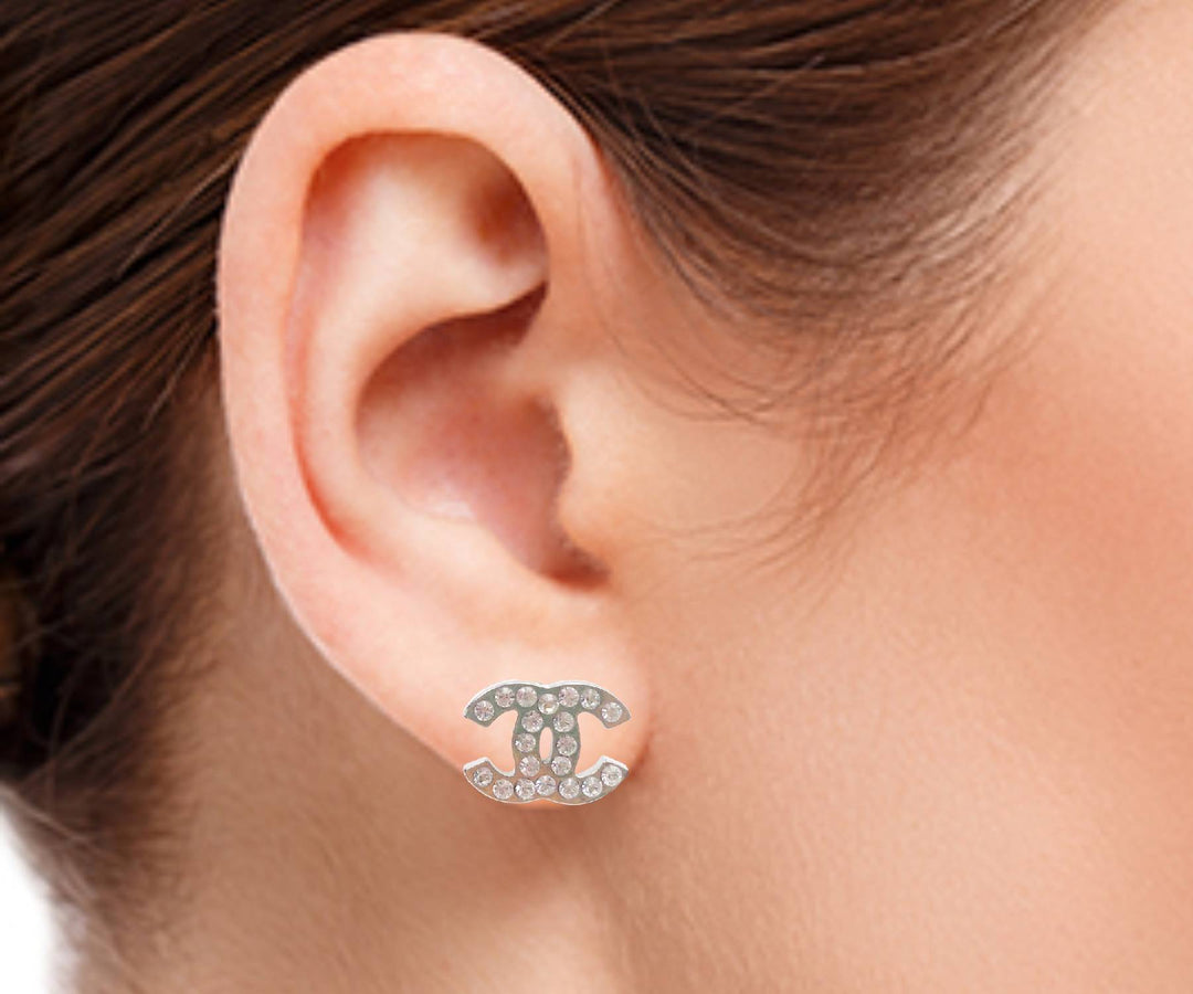 Top Quality Chanel Classic Silver CC Crystal Medium Piercing Earrings