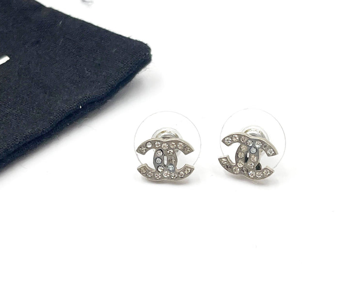Top Quality Chanel Classic Silver CC Crystal Small Piercing Earrings