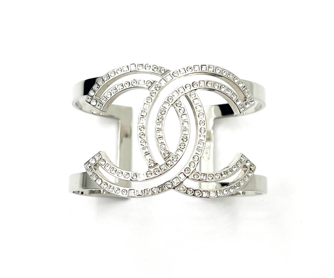 Top Quality Chanel Classic Silver CC Square Round Crystal Cutout Double Cuff Bracelet