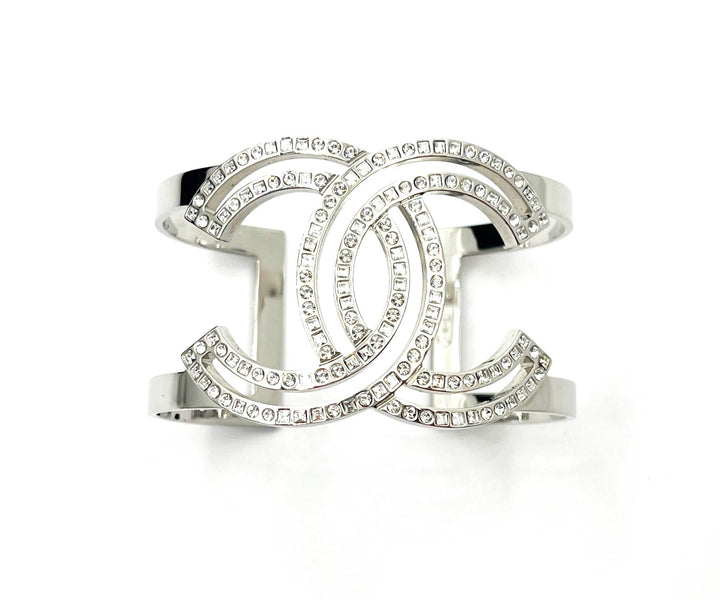Top Quality Chanel Classic Silver CC Square Round Crystal Cutout Double Cuff Bracelet