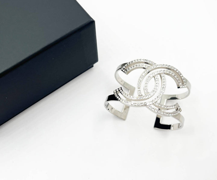 Top Quality Chanel Classic Silver CC Square Round Crystal Cutout Double Cuff Bracelet