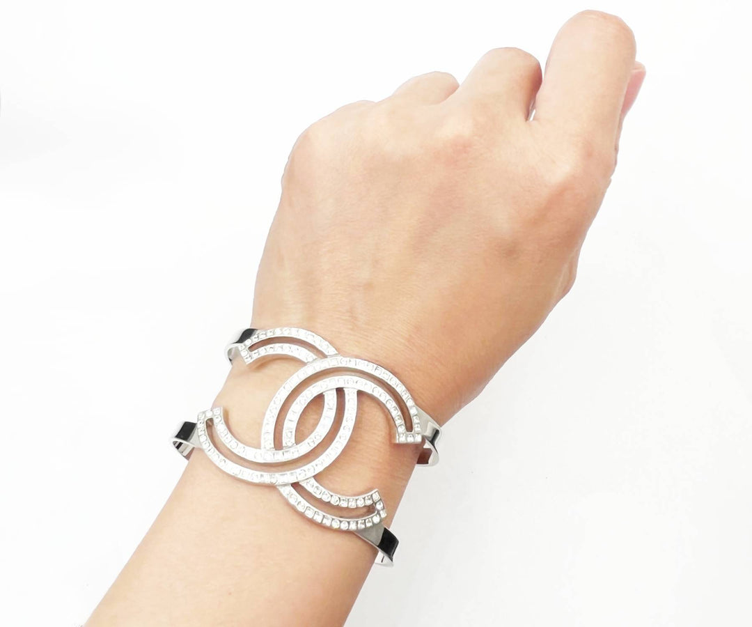 Top Quality Chanel Classic Silver CC Square Round Crystal Cutout Double Cuff Bracelet