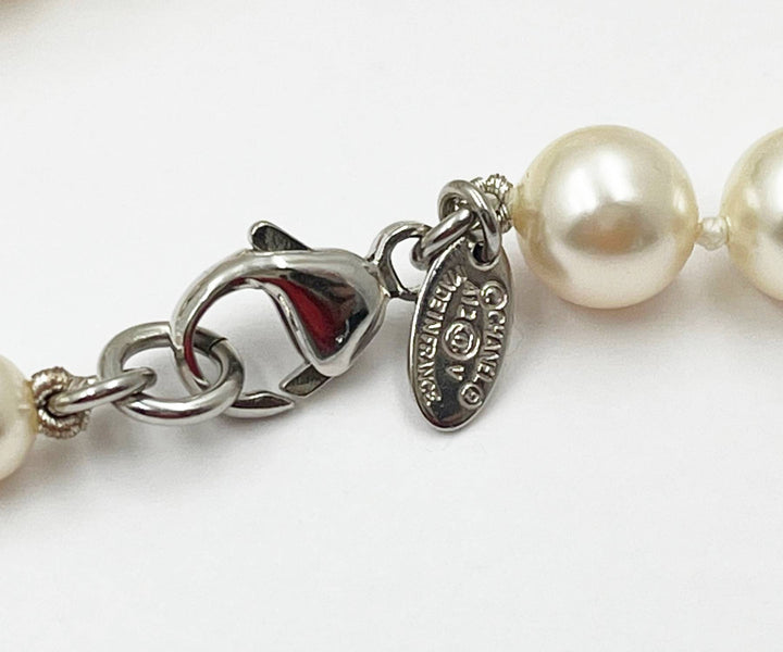 Chanel Classic 2 Silver CC White Bead Pearl Necklace