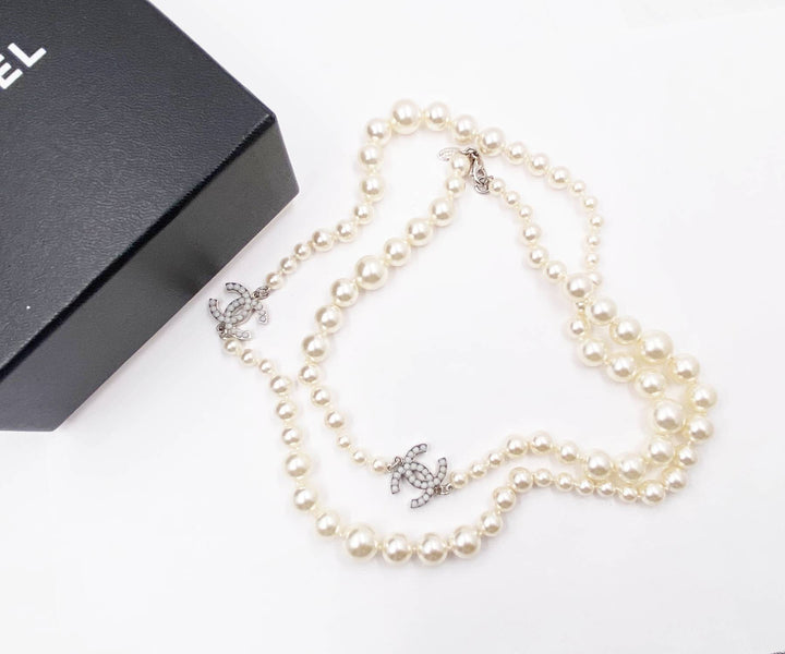 Chanel Classic 2 Silver CC White Bead Pearl Necklace