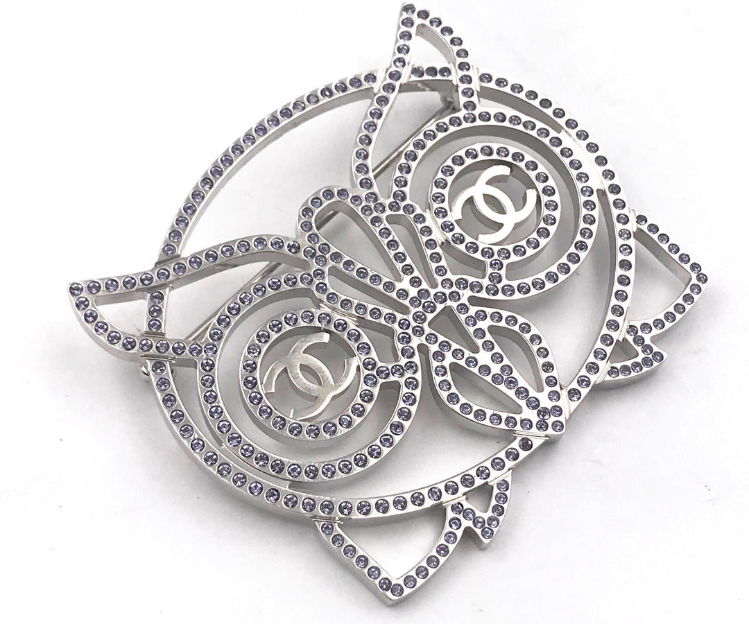 Chanel Brand New Silver Owl Light Lavender Crystal Brooch