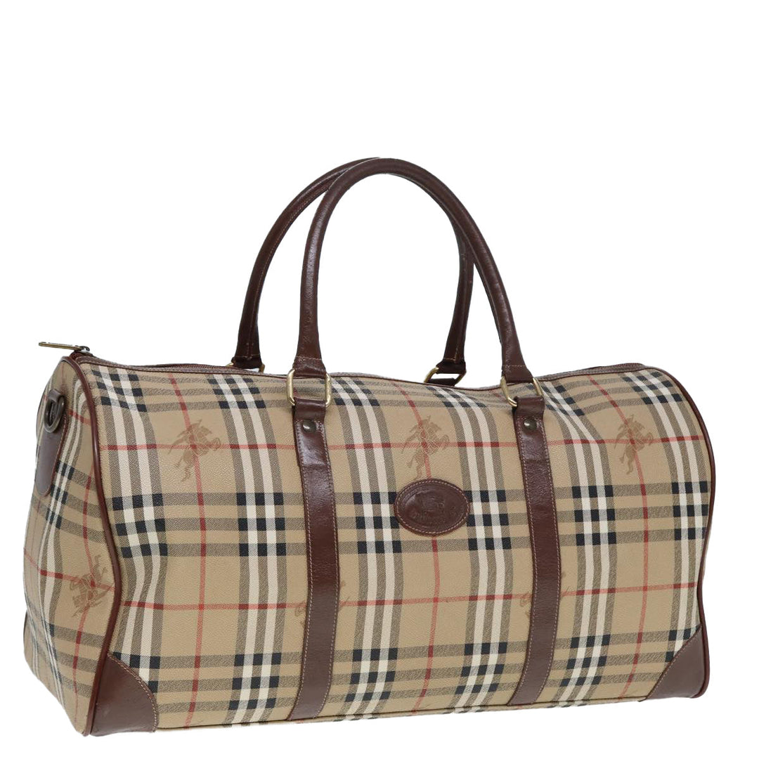BurberrySs Nova Check Boston Bag PVC Leather Beige Auth tb1105