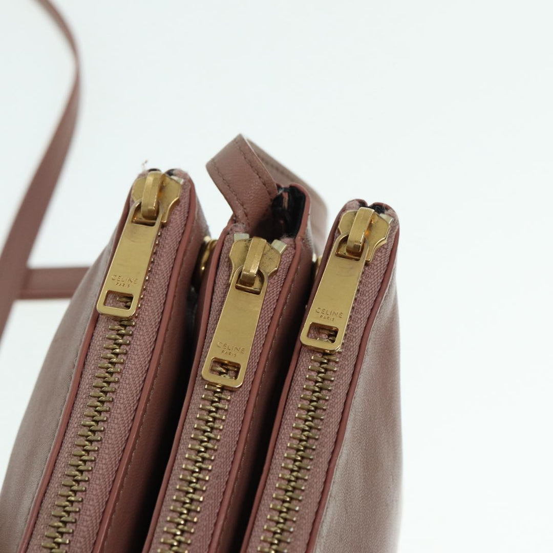 Celine Trio Bag Shoulder Bag Leather Beige Gold Auth tb1117