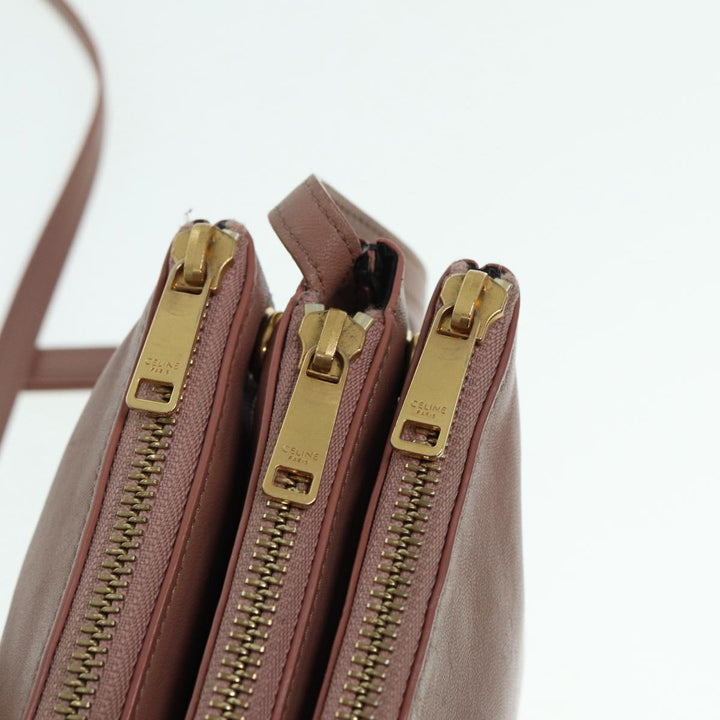 Celine Trio Bag Shoulder Bag Leather Beige Gold Auth tb1117