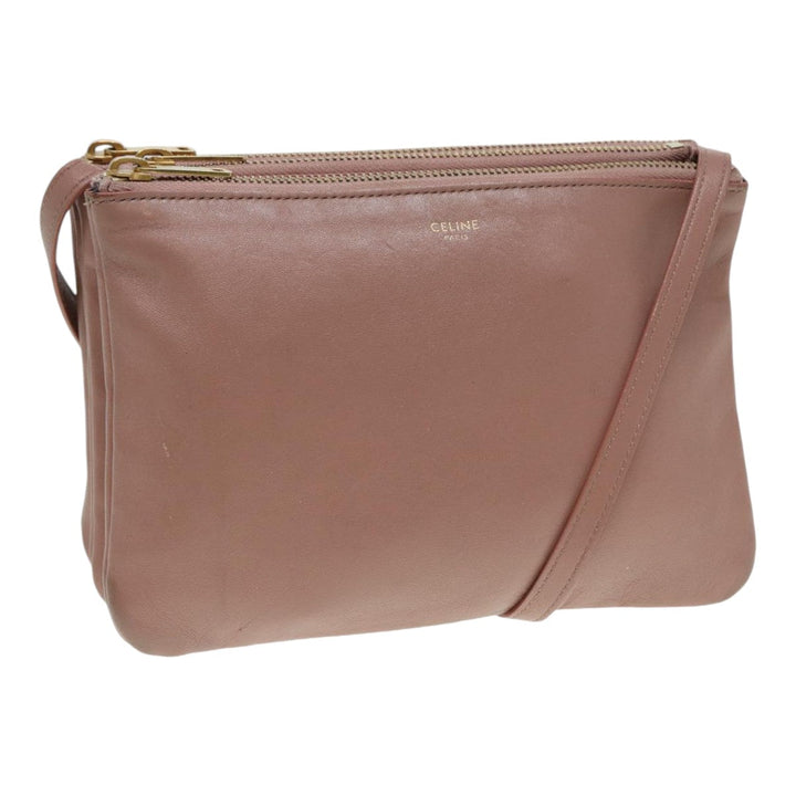 Celine Trio Bag Shoulder Bag Leather Beige Gold Auth tb1117
