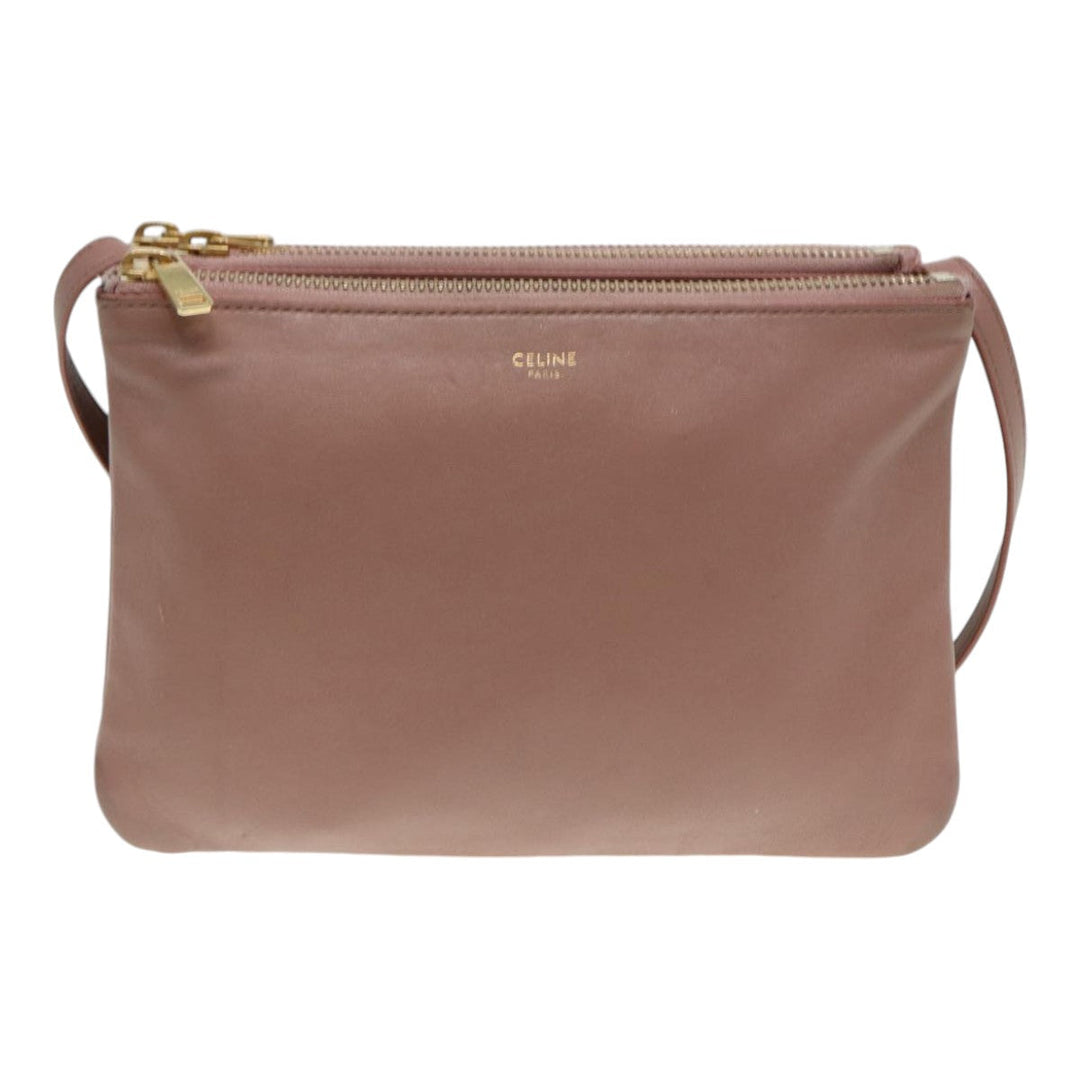 Celine Trio Bag Shoulder Bag Leather Beige Gold Auth tb1117