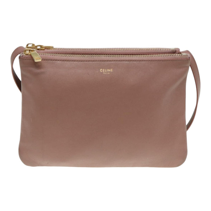 Celine Trio Bag Shoulder Bag Leather Beige Gold Auth tb1117