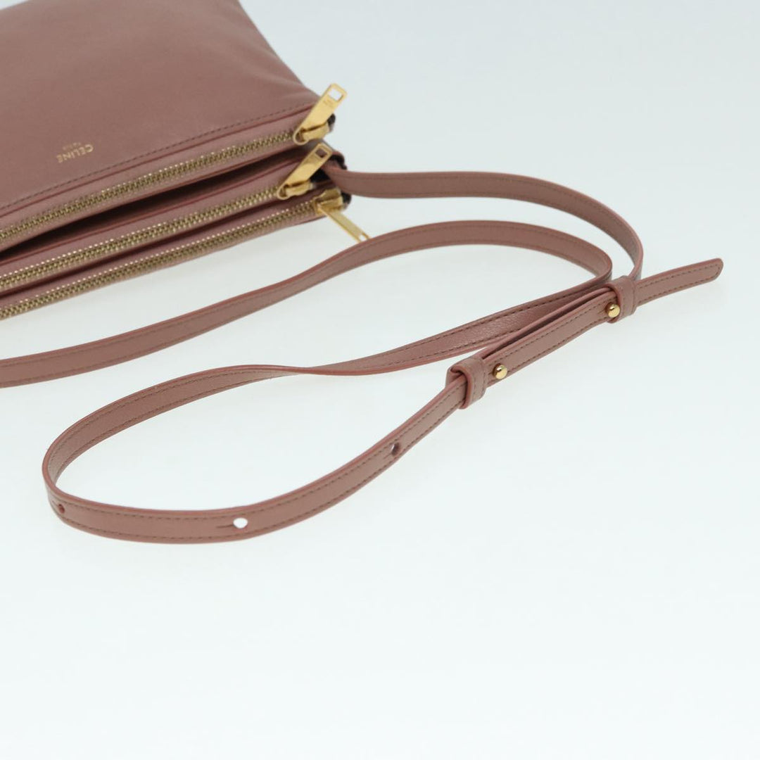 Celine Trio Bag Shoulder Bag Leather Beige Gold Auth tb1117