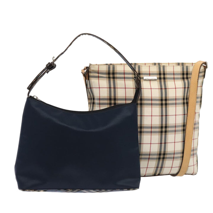 Burberry Nova Check Blue Label Shoulder Bag Nylon 2Set Beige Navy Auth tb1144