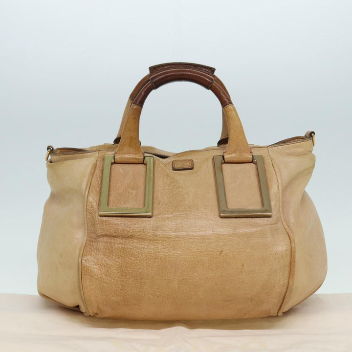 Chloe Etel Hand Bag Leather Beige Brown gold th5251