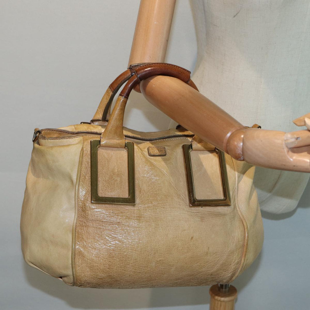 Chloe Etel Hand Bag Leather Beige Brown gold th5251
