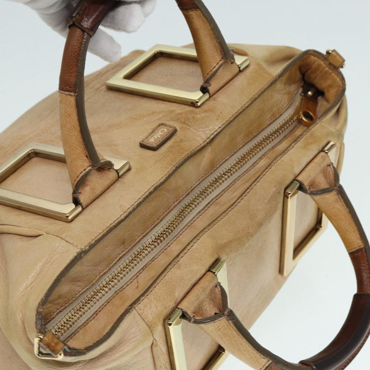 Chloe Etel Hand Bag Leather Beige Brown gold th5251