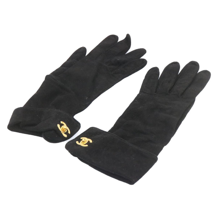 Top Quality Chanel COCO Mark Gloves Suede Black Gold CC Auth am2319sA