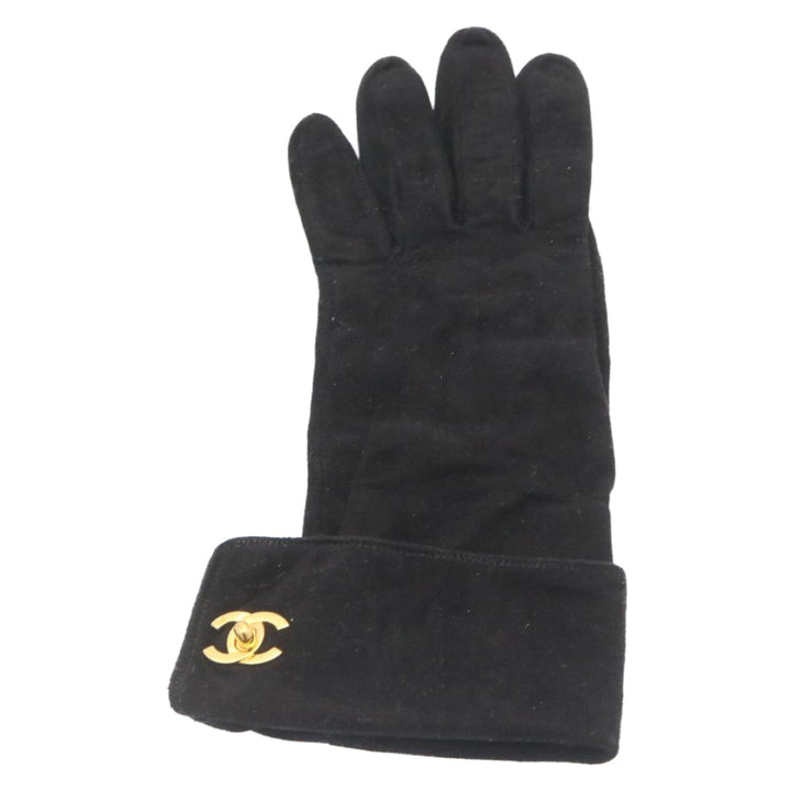 Top Quality Chanel COCO Mark Gloves Suede Black Gold CC Auth am2319sA