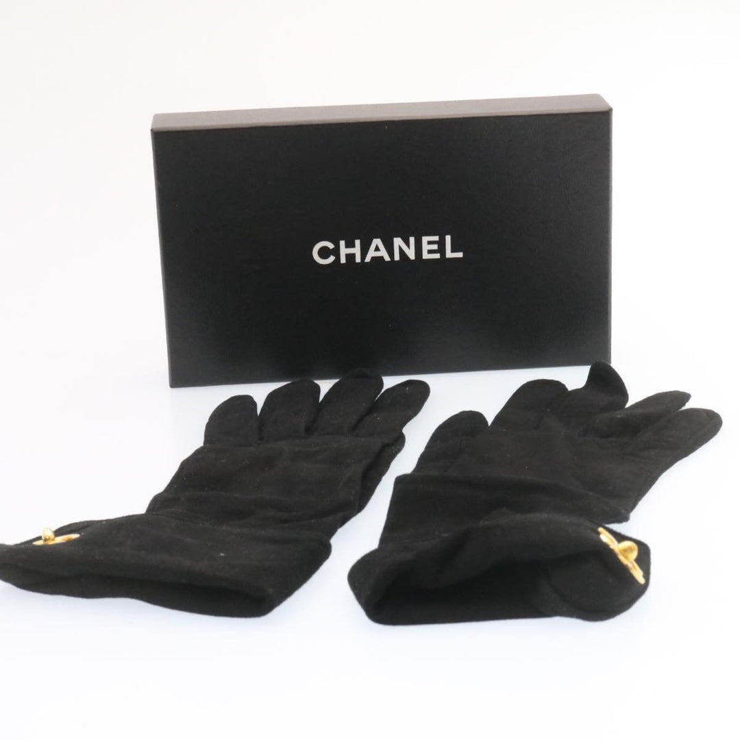 Top Quality Chanel COCO Mark Gloves Suede Black Gold CC Auth am2319sA