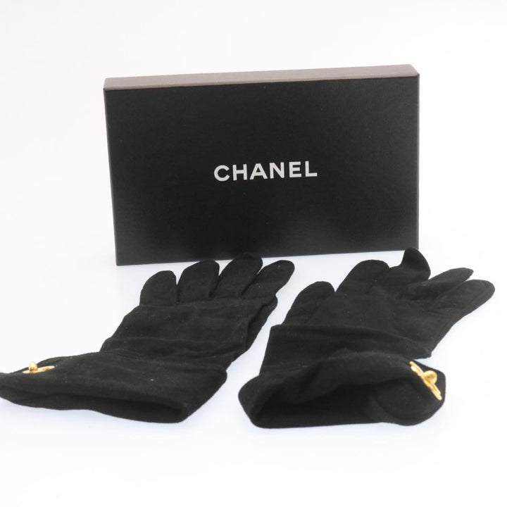 Top Quality Chanel COCO Mark Gloves Suede Black Gold CC Auth am2319sA