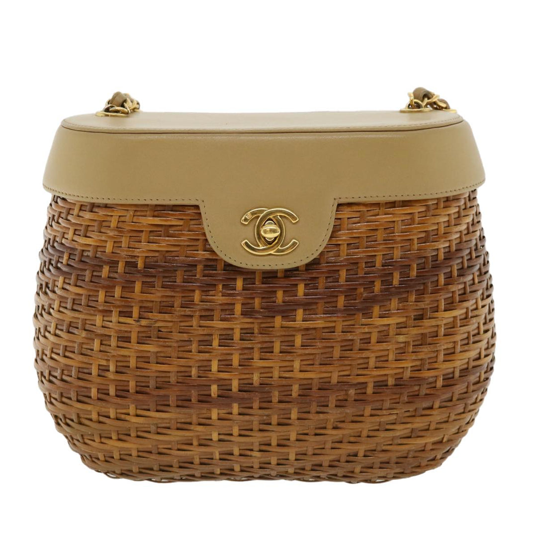 Top Quality Chanel Basket Chain Shoulder Bag Leather rattan Brown CC Auth 31896A