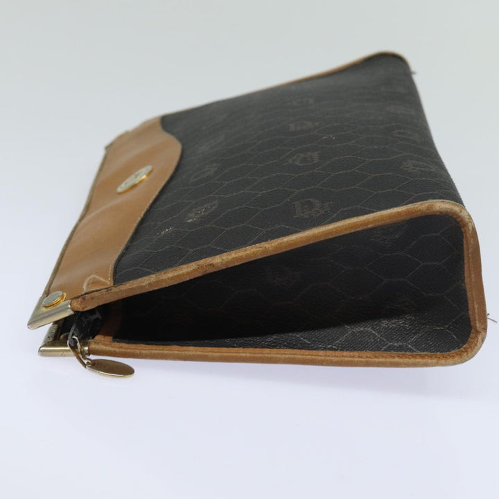 CHRISTIAN Top quality Dior Honeycomb Canvas Clutch Bag PVC Leather Black Brown Auth ti1770