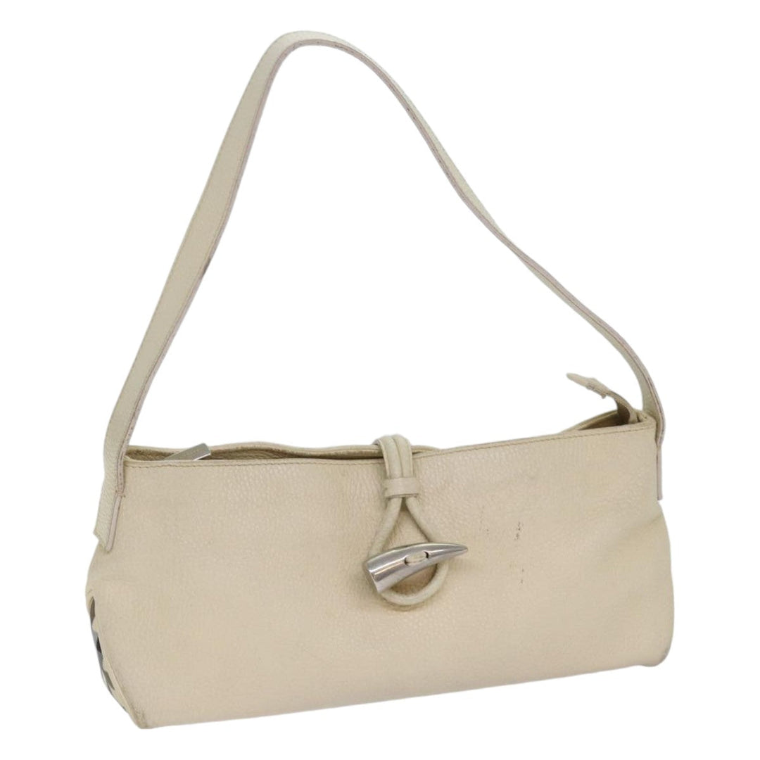 Burberry Shoulder Bag Leather Cream Silver Auth ti1931