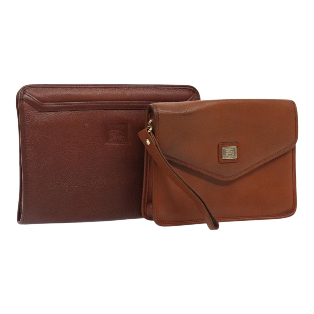 BurberrySs Clutch Bag Leather 2Set Brown Auth ti1987
