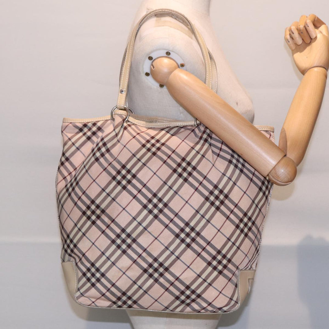 Burberry Nova Check Blue Label Tote Bag Nylon Beige Pink Silver Auth ti2039