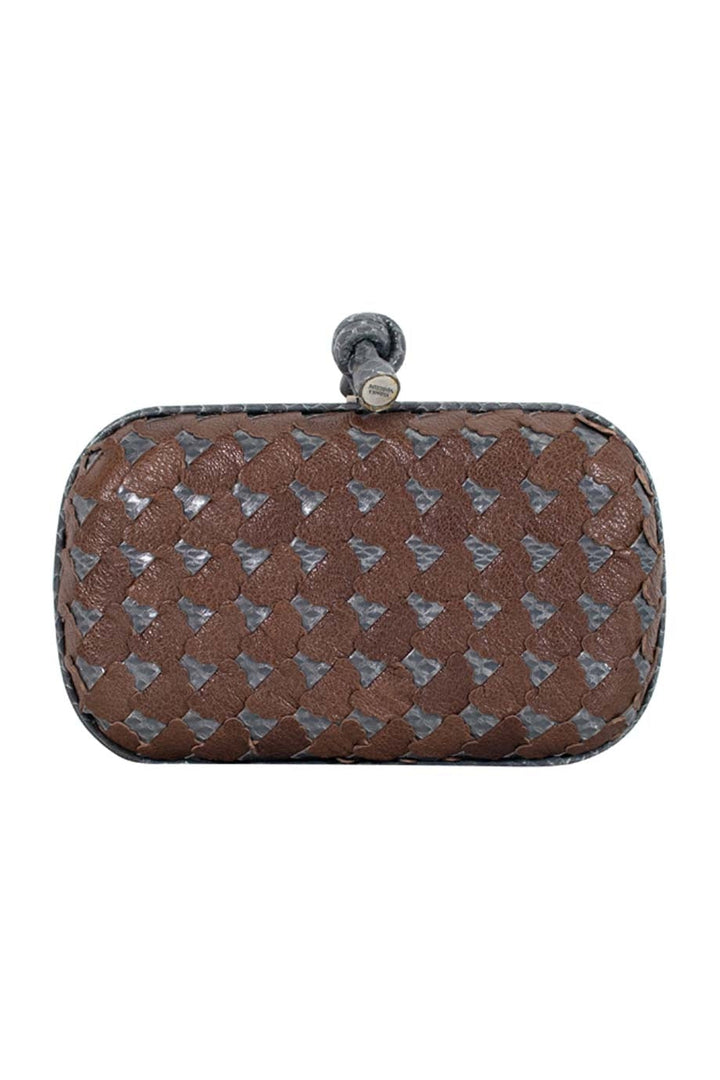 Bottega veneta Grey Snakeskin and Brown Leather Laser Cut Clutch