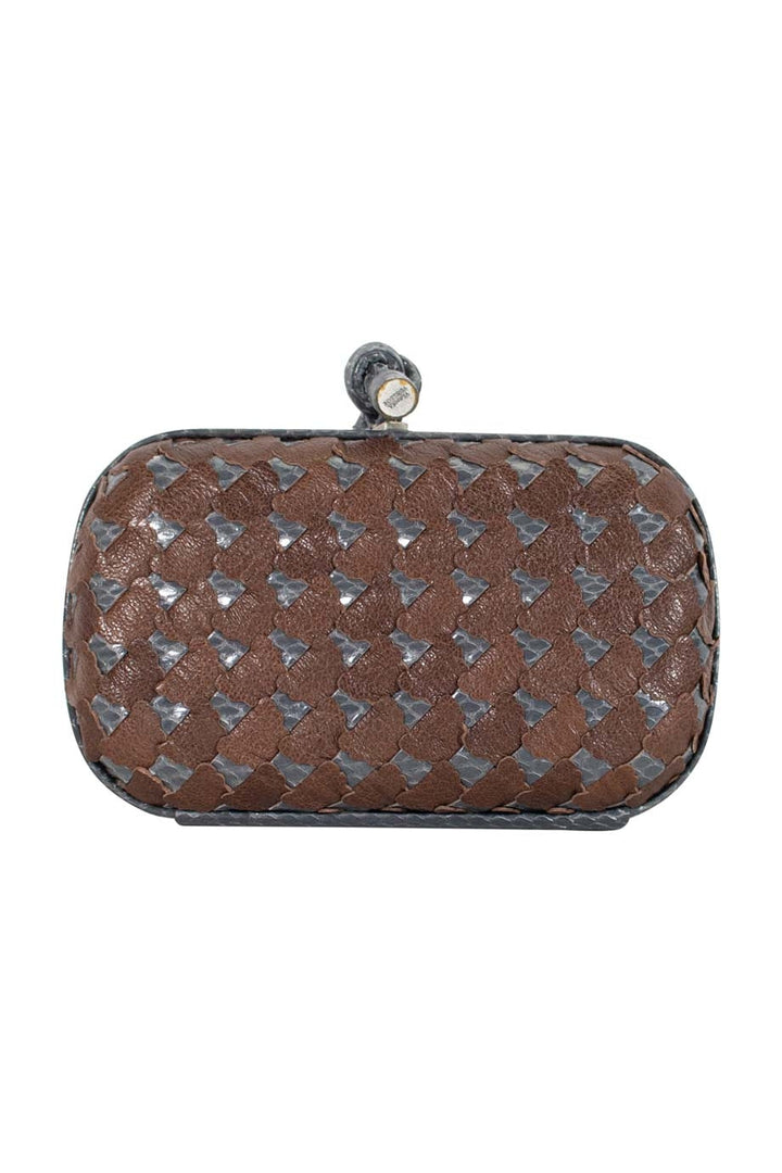 Bottega veneta Grey Snakeskin and Brown Leather Laser Cut Clutch