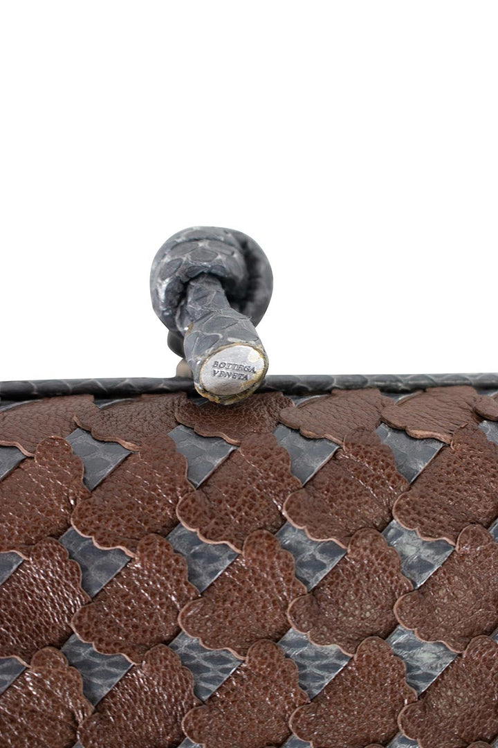 Bottega veneta Grey Snakeskin and Brown Leather Laser Cut Clutch