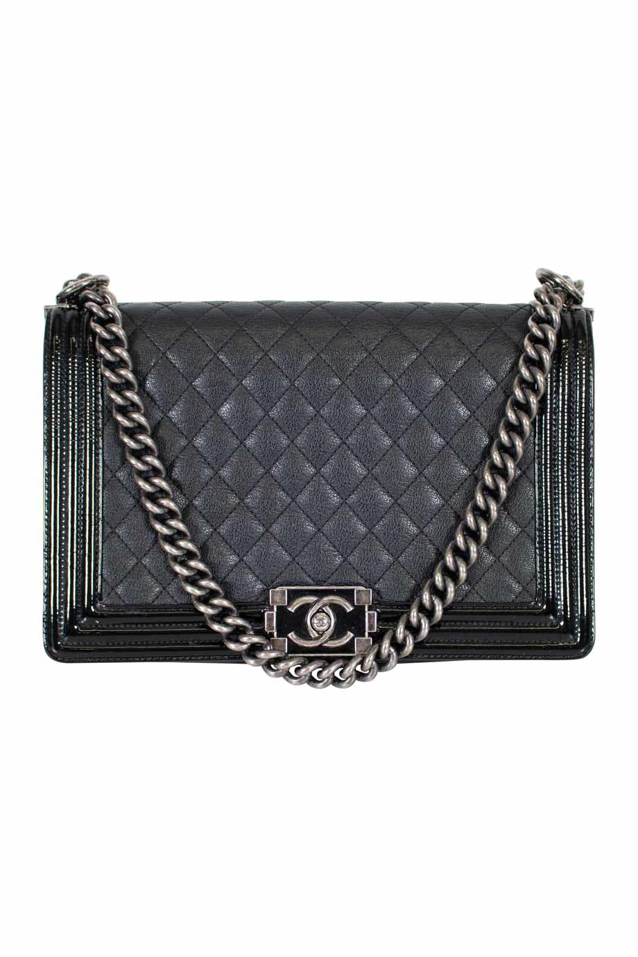 Chanel Black grained calfskin quilted 'Boy' bag with ruthenium-finish hardware and patent border in 'New Medium' size