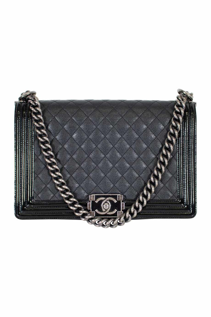 Chanel Black grained calfskin quilted 'Boy' bag with ruthenium-finish hardware and patent border in 'New Medium' size