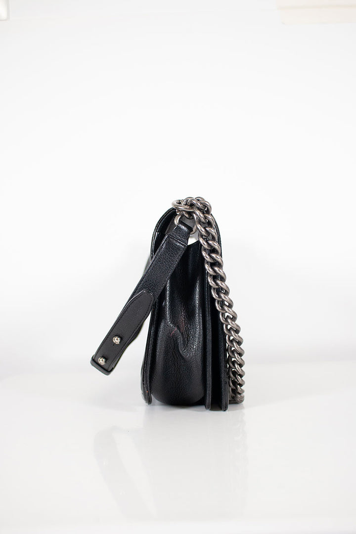 Chanel Black grained calfskin quilted 'Boy' bag with ruthenium-finish hardware and patent border in 'New Medium' size