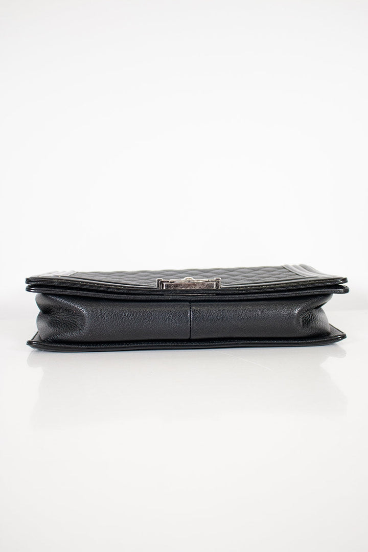 Chanel Black grained calfskin quilted 'Boy' bag with ruthenium-finish hardware and patent border in 'New Medium' size