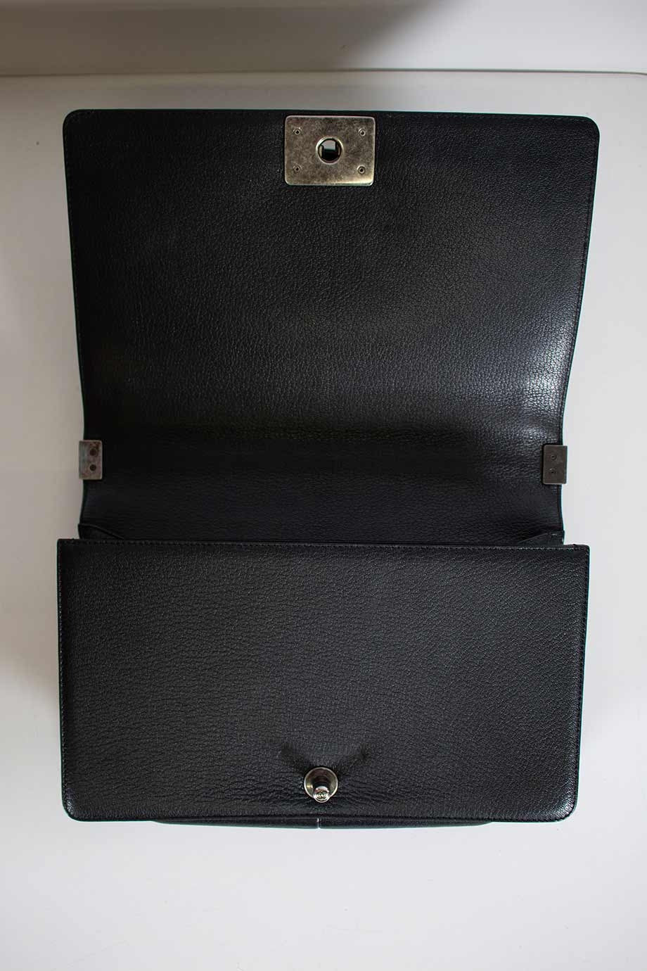 Chanel Black grained calfskin quilted 'Boy' bag with ruthenium-finish hardware and patent border in 'New Medium' size
