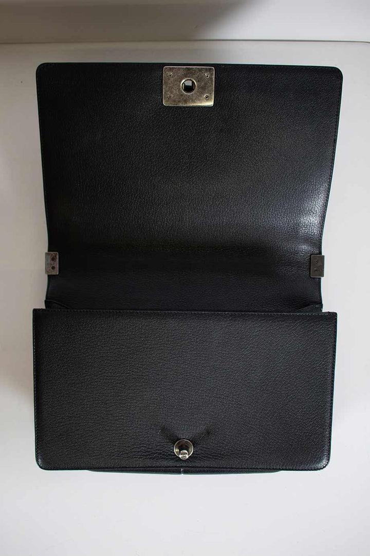 Chanel Black grained calfskin quilted 'Boy' bag with ruthenium-finish hardware and patent border in 'New Medium' size