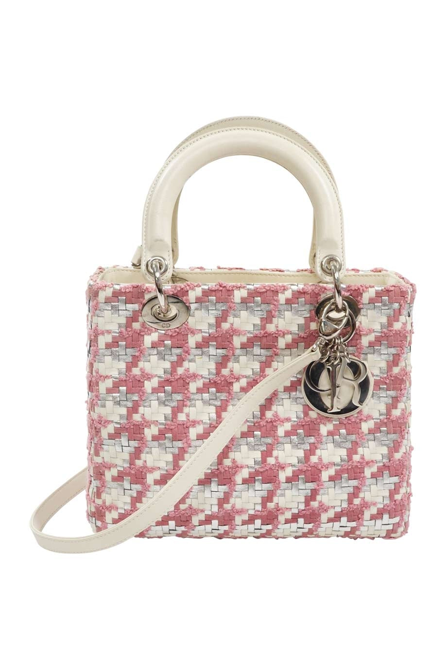 CHRISTIAN Top quality Dior Pink Woven Leather with Tweed Lady Top quality Dior Handbag