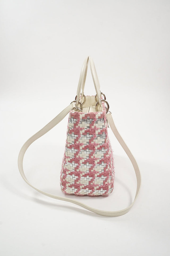 CHRISTIAN Top quality Dior Pink Woven Leather with Tweed Lady Top quality Dior Handbag