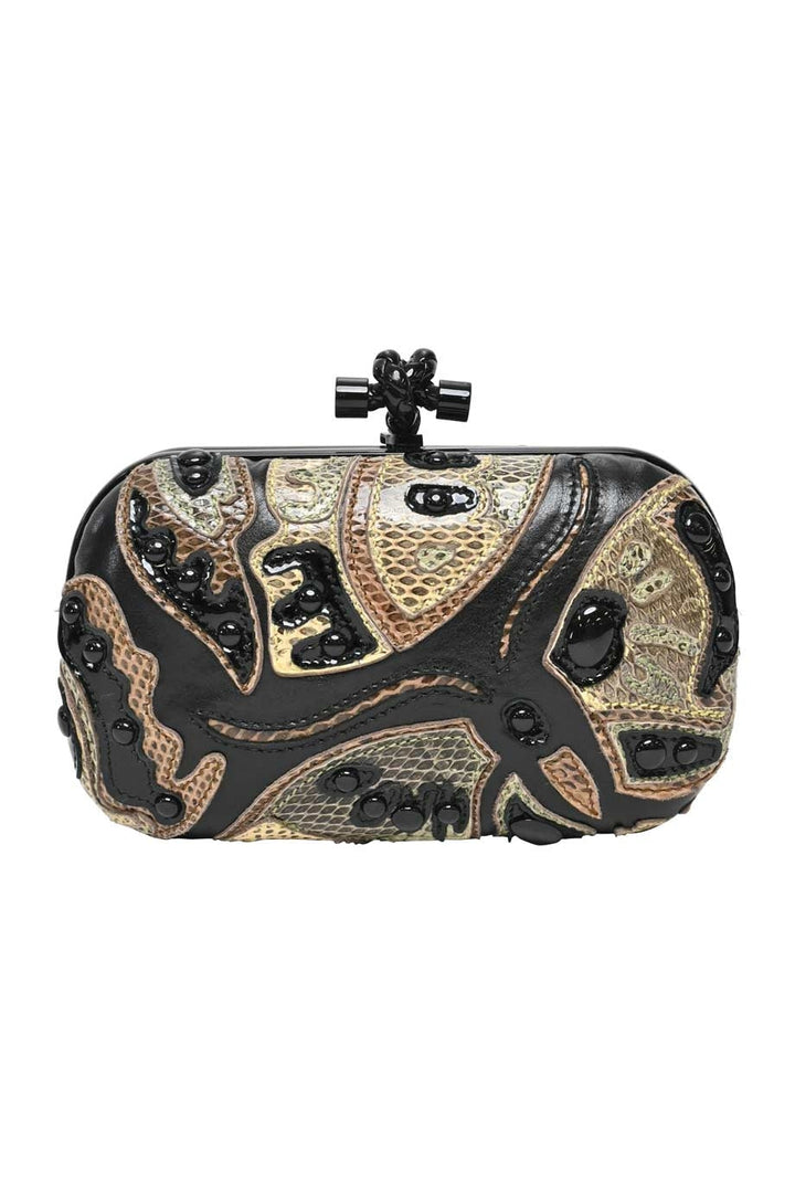 Bottega veneta Black and Brown Knot Butterfly Snakeskin Clutch Black