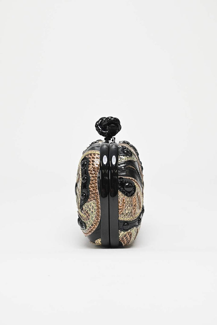 Bottega veneta Black and Brown Knot Butterfly Snakeskin Clutch Black