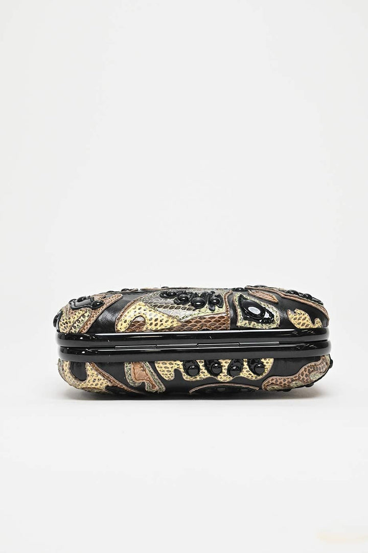 Bottega veneta Black and Brown Knot Butterfly Snakeskin Clutch Black