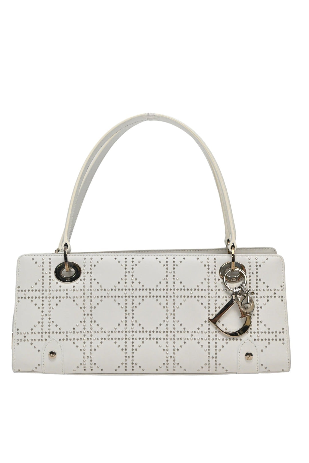 CHRISTIAN Dior White lambskin Cannage studded Lady Dior East West shoulder bag