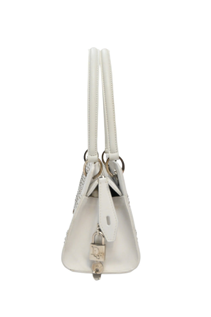 CHRISTIAN Dior White lambskin Cannage studded Lady Dior East West shoulder bag