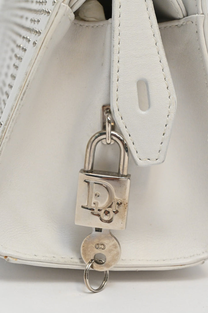 CHRISTIAN Dior White lambskin Cannage studded Lady Dior East West shoulder bag