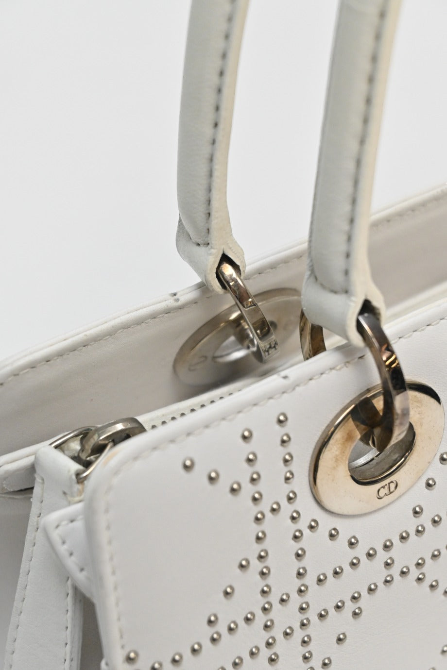 CHRISTIAN Dior White lambskin Cannage studded Lady Dior East West shoulder bag
