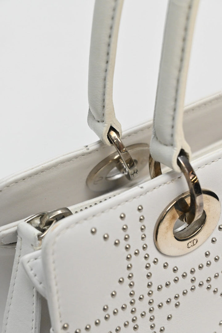 CHRISTIAN Dior White lambskin Cannage studded Lady Dior East West shoulder bag
