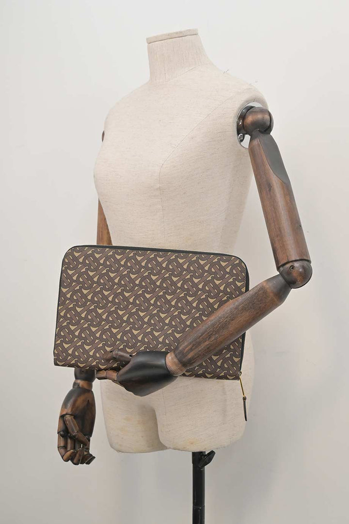 Burberry Brown coated TB monogram E-canvas and leather zip pouch